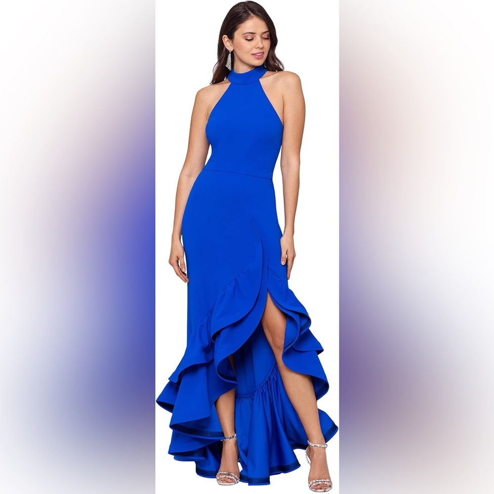 Betsy & Adam Blue Halter Gown with Ruffled Side Slit